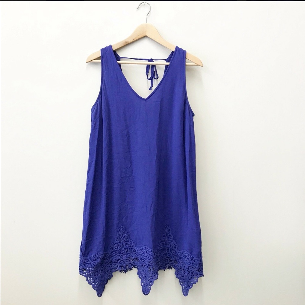 ASTR CROCHET LACE TRIM TRAPEZE BLUE DRESS
